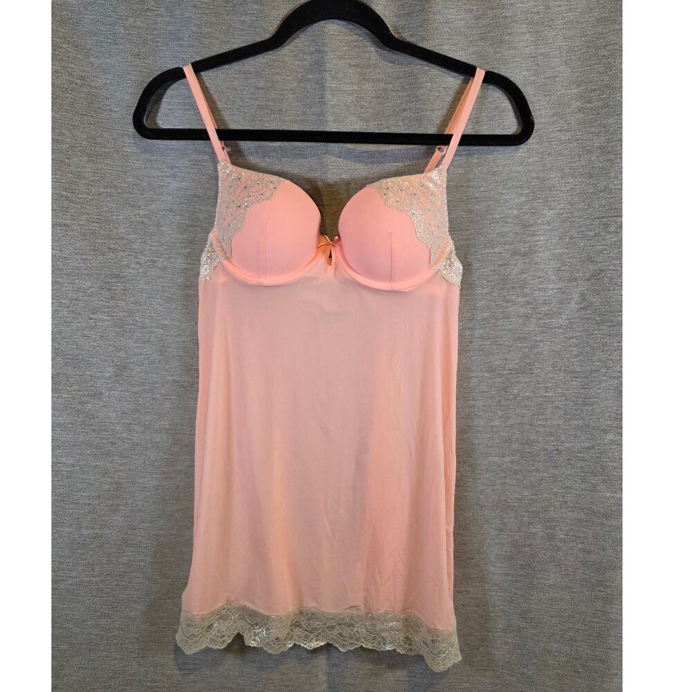 Women Victoria's Secret Size 34B Nightie Pink Peach Lace Rhinestones Push up